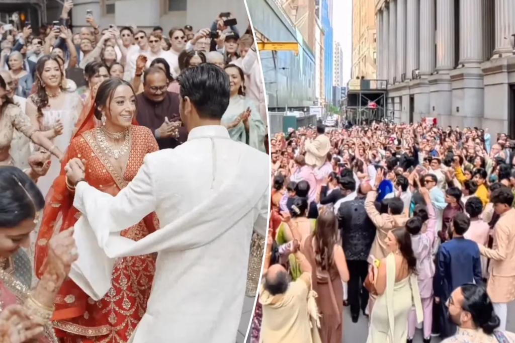 Extravagant Wedding Parade of Indian couple closes Wall Street - Tap bride and groom