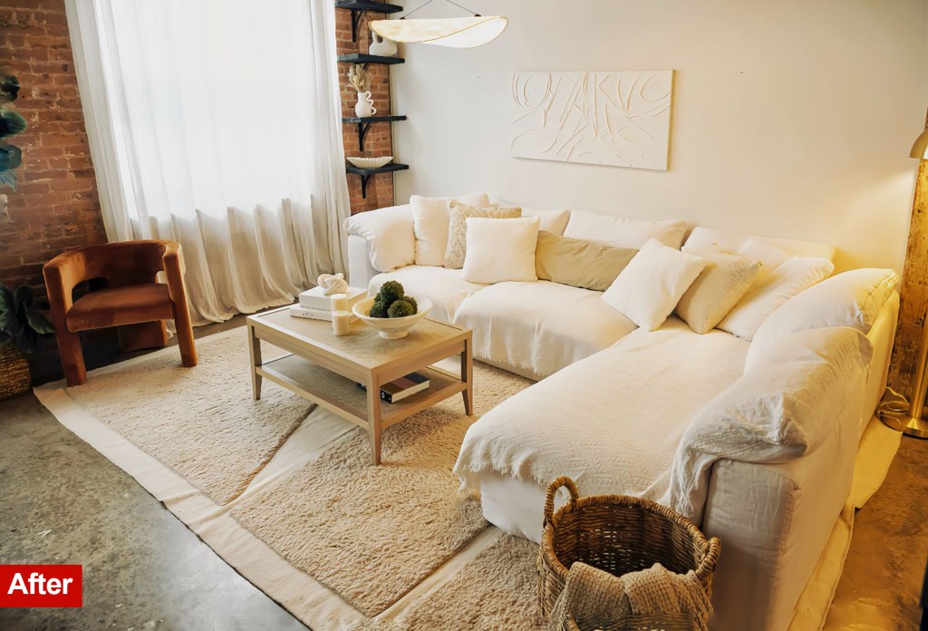 After photography of a living room with beige furniture and decor