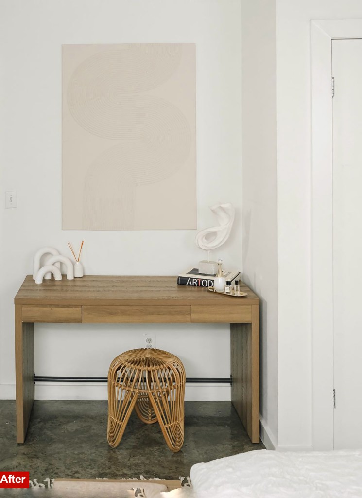 After photography of a wooden table with a bench and artwork
