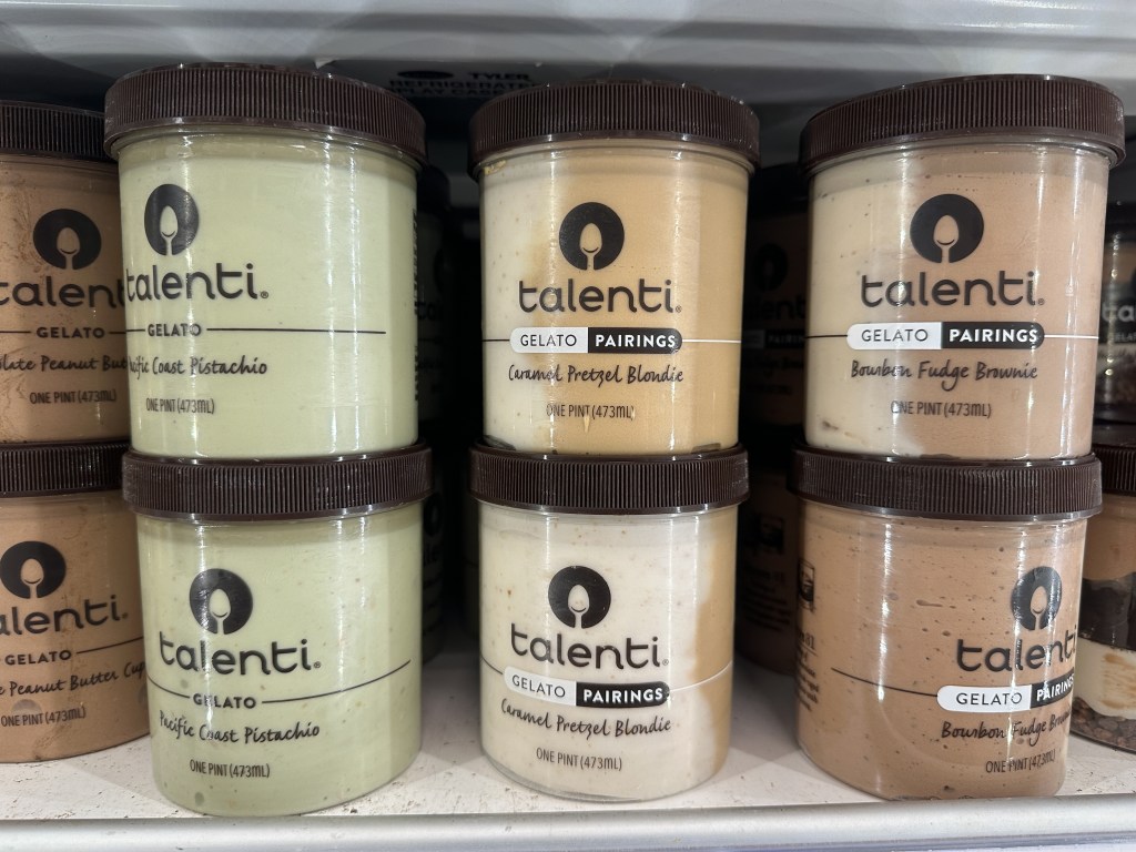 Talent Gellato Pints in a refrigerator of grocery stores.