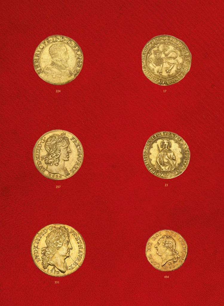 Collection of historical gold coins.